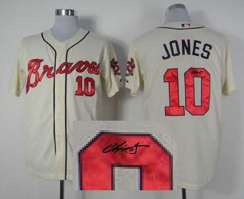 Braves #10 Chipper Jones Cream Cool Base Autographed Stitched MLB Jersey - Click Image to Close